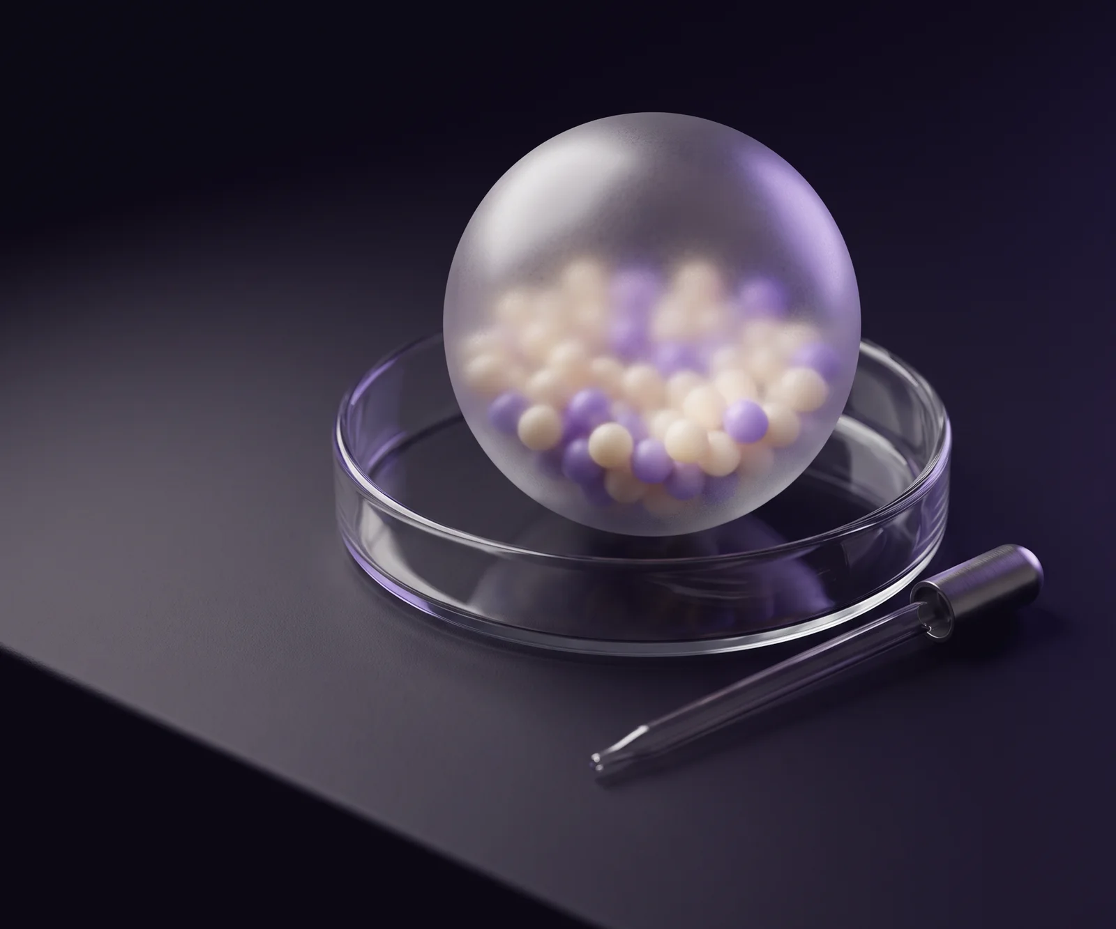 A frosted glass sphere holding many small spheres, resting in a petri dish