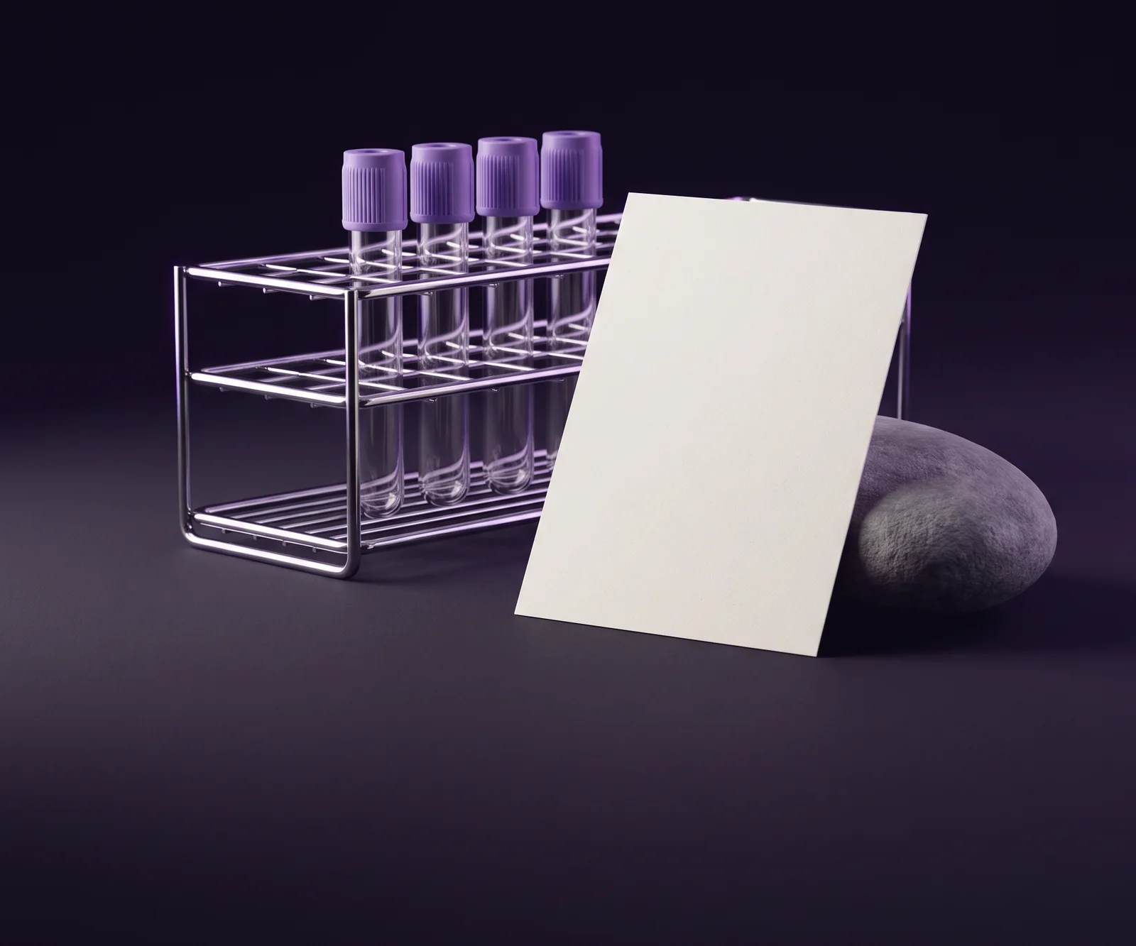 Blood-sample tubes in a rack beside a blank report card and a smooth stone