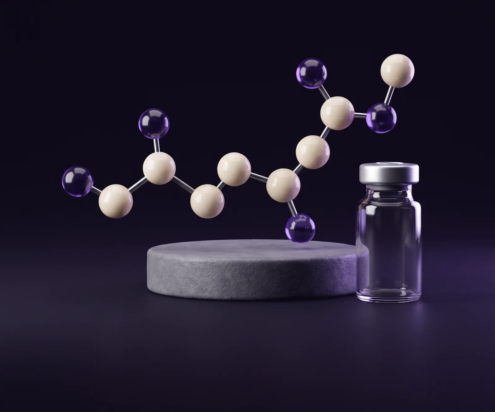 A molecular model of a short amino-acid chain beside an unlabeled glass vial